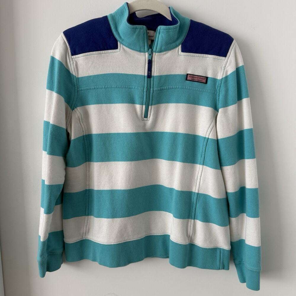 Vineyard Vines Shep Shirt Pullover Women L Blue Striped Quarter Zip